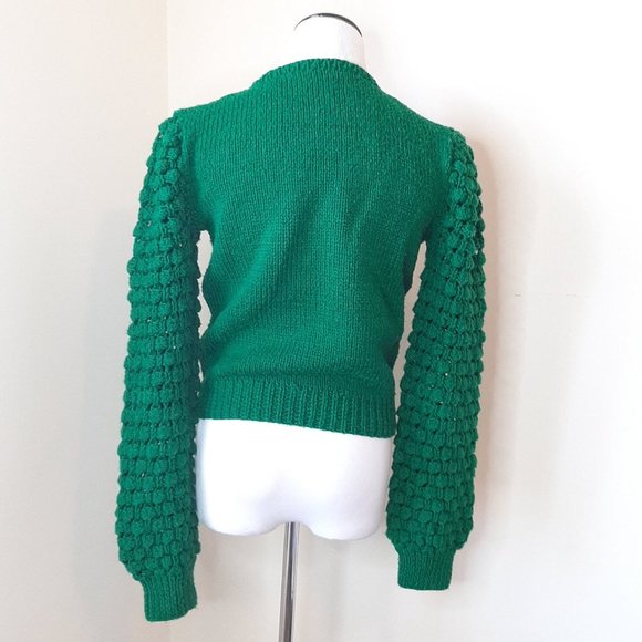 Vtg Hand Knit Open Knit Balloon Sleeve Sweater Cropped V Neck Holiday M - Picture 3 of 6